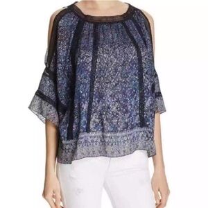 Elie Tahari Silk Cold Shoulder Mika Blouse Blue Floral Metallic NWOT $298 Retail